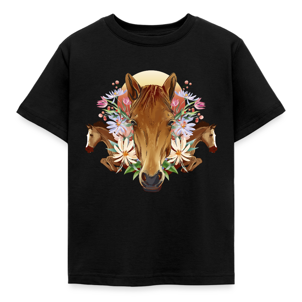 Kinder T-Shirt "Pferde im Blumenmotiv" - Schwarz