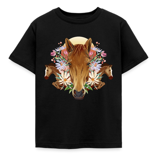 Kinder T-Shirt "Pferde im Blumenmotiv" - Schwarz