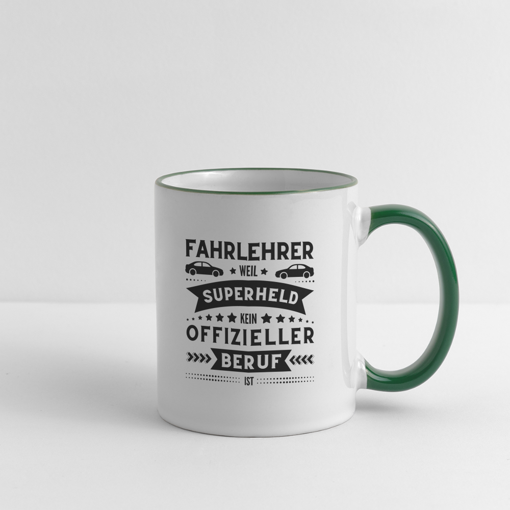 Tasse "Fahrlehrer = Superheld" - Weiß/Dunkelgrün