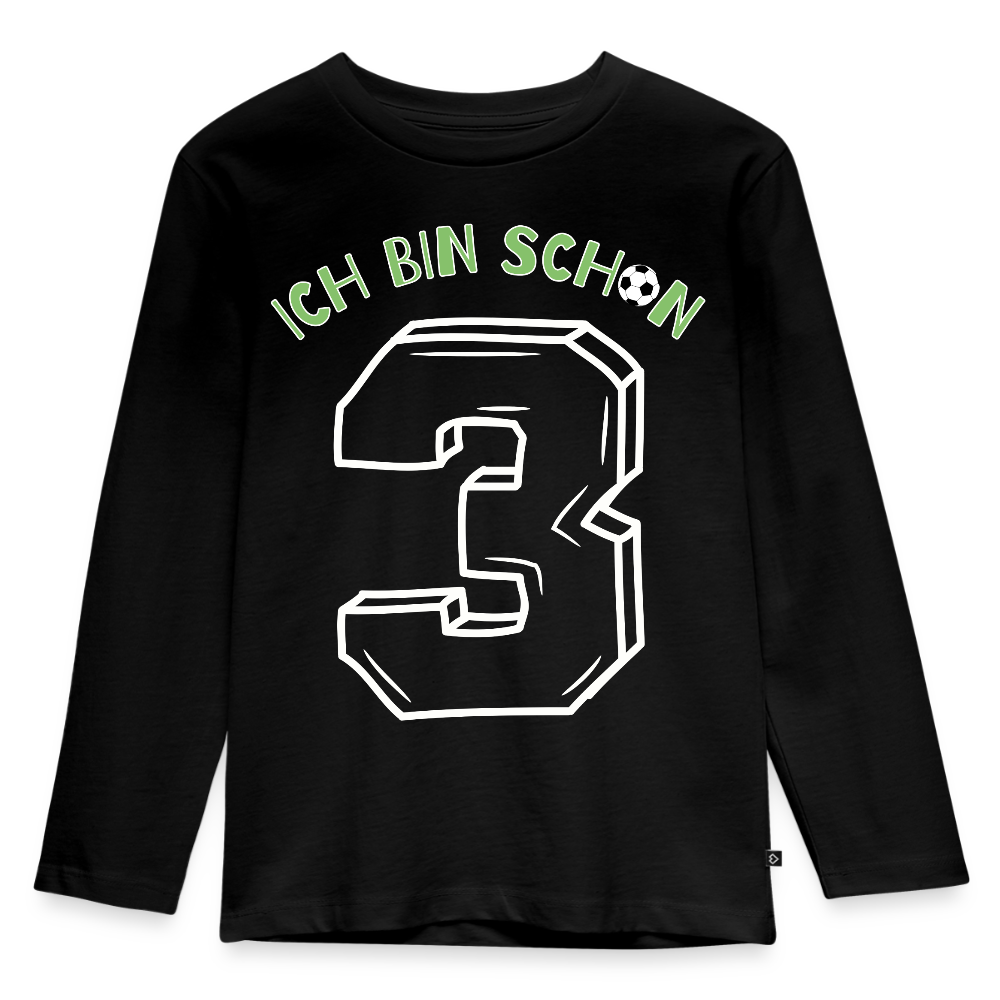 Kinder Langarm T-Shirt "Ich bin schon 3" (Fußball Motiv) - Schwarz
