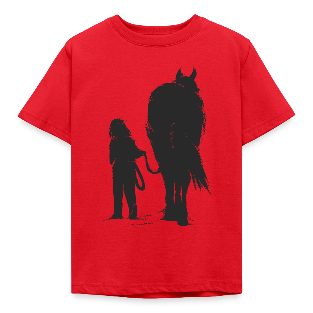 Kinder T-Shirt "Mädchen spaziert mit Pferd" - Rot