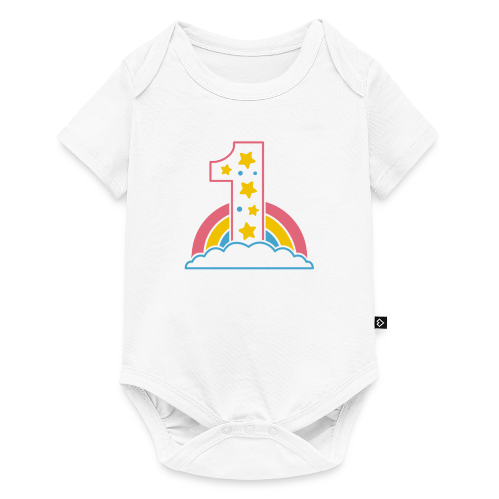 Baby Bio-Kurzarm-Body "1 mit Regenbogen und Wolken" - Weiß
