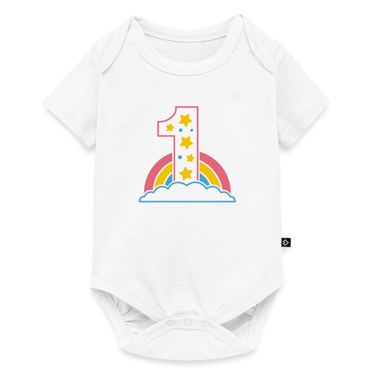 Baby Bio-Kurzarm-Body "1 mit Regenbogen und Wolken" - Weiß
