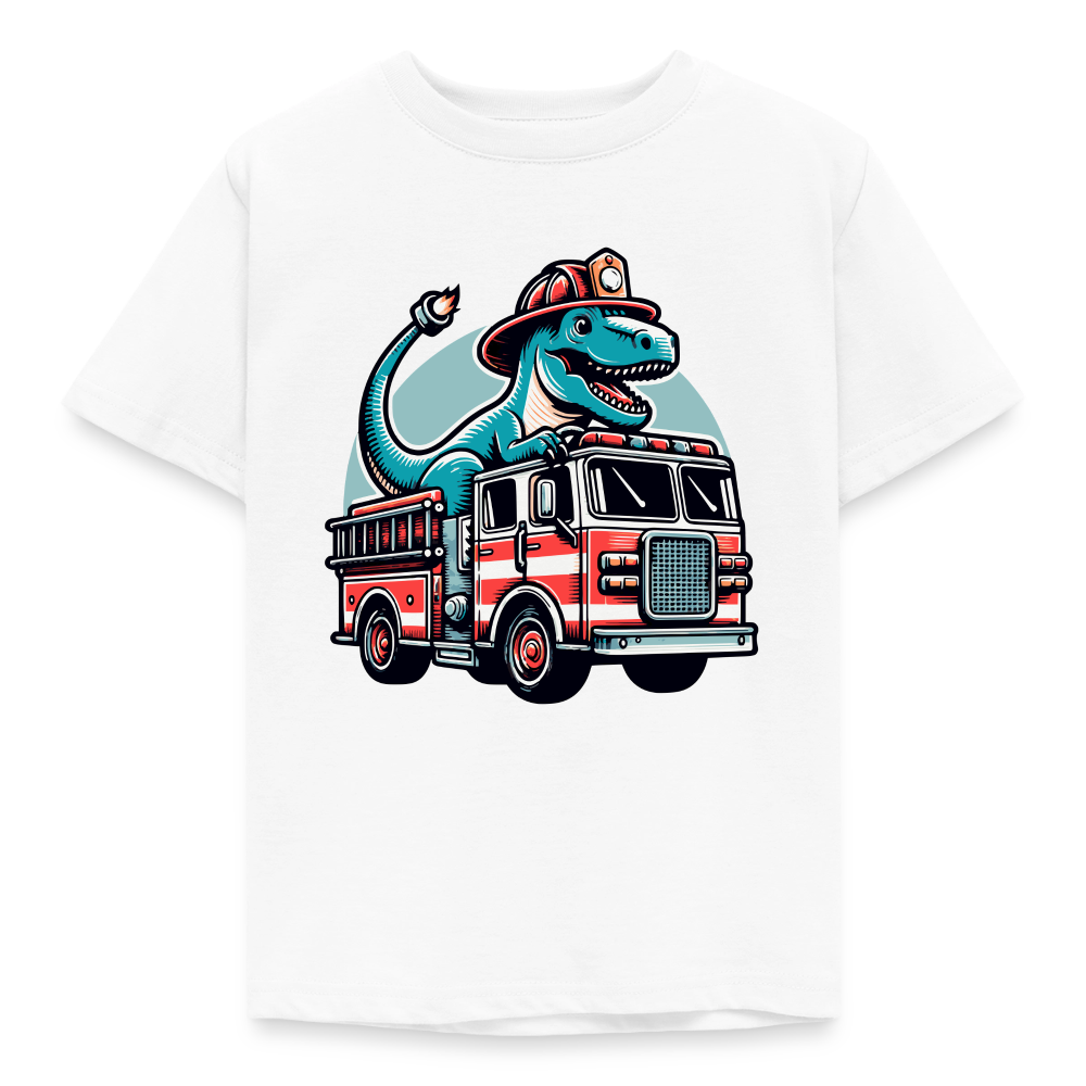 Kinder T-Shirt "Dinosaurier fährt Feuerwehrauto" - Weiß
