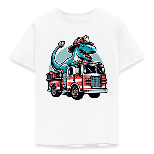 Kinder T-Shirt "Dinosaurier fährt Feuerwehrauto" - Weiß