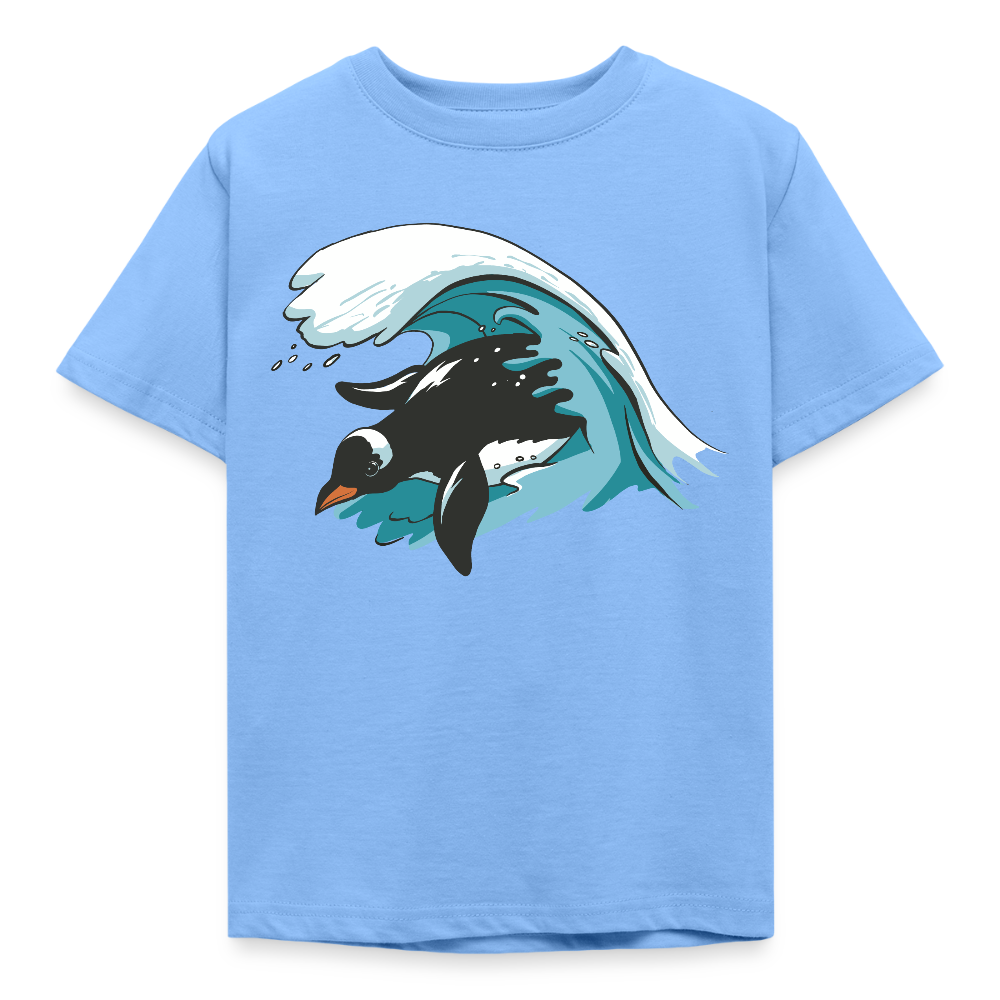 Kinder T-Shirt "Surfender Pinguin" - Himmelblau