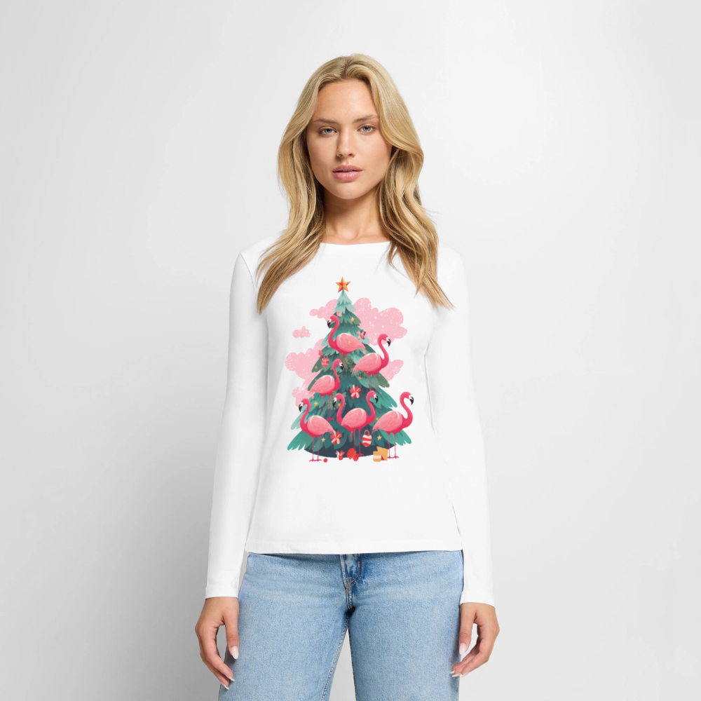 Frauen Bio-Langarmshirt "Flamingo Weihnachtsbaum" - Weiß