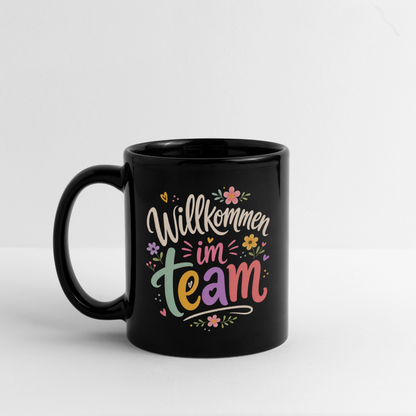 Tasse "Willkommen im Team" (Blumenmotiv) - Schwarz