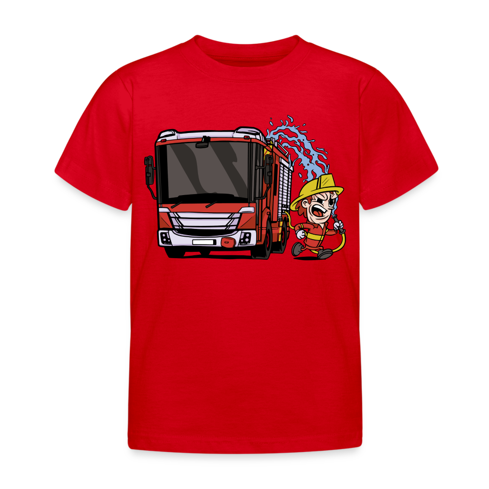 Kinder T-Shirt "Feuerwehrmann mit Wasserschlauch" - Rot