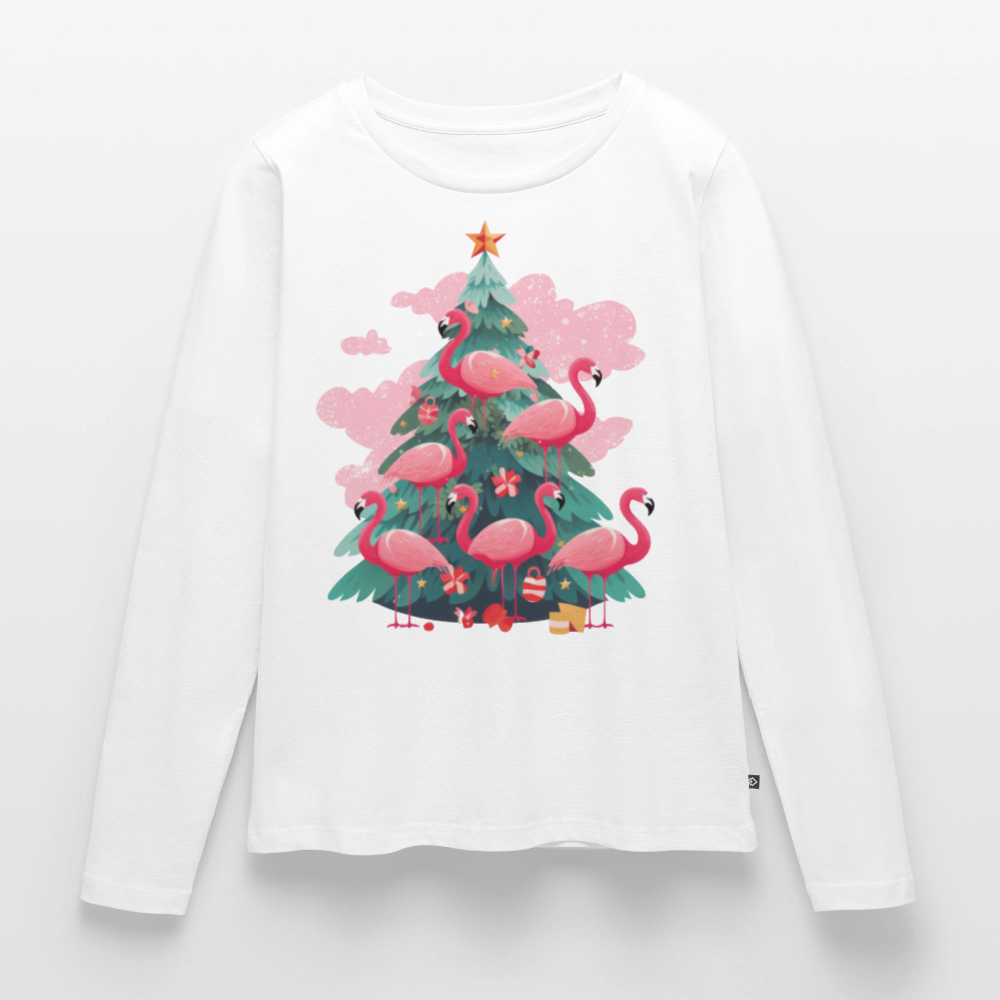 Frauen Bio-Langarmshirt "Flamingo Weihnachtsbaum" - Weiß