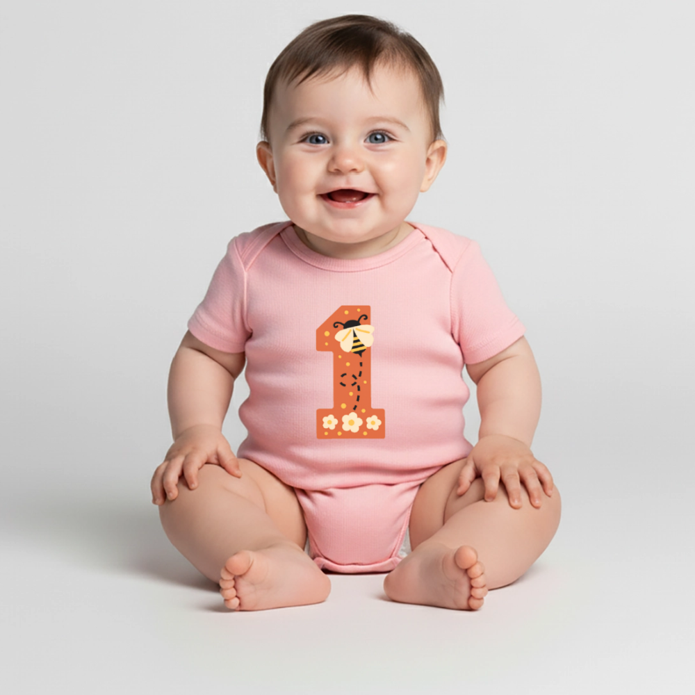 Baby Bio-Kurzarm-Body "1. Geburtstag" (Niedliche Biene) - Rosa