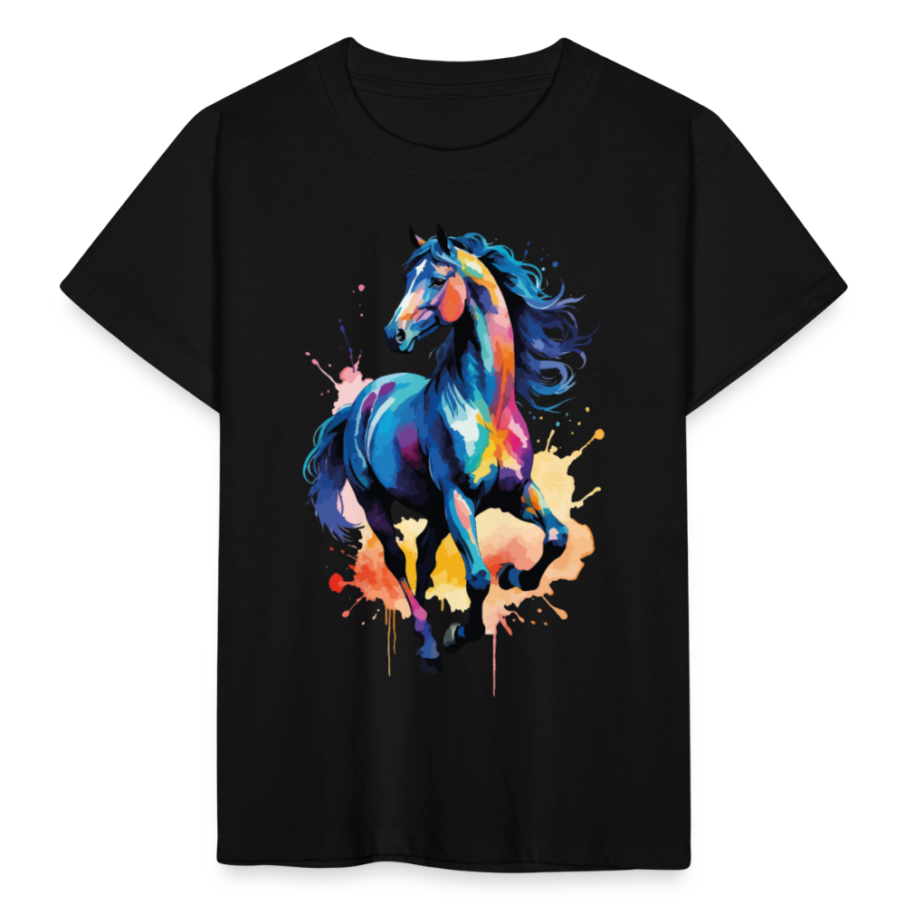 Kinder T-Shirt "Blaues Wasserfarben Pferd" - Schwarz