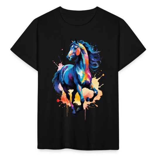 Kinder T-Shirt "Blaues Wasserfarben Pferd" - Schwarz