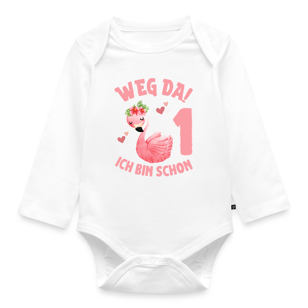 Baby Bio-Langarm-Body "Weg da! Ich bin schon 1" (Flamingo) - Weiß