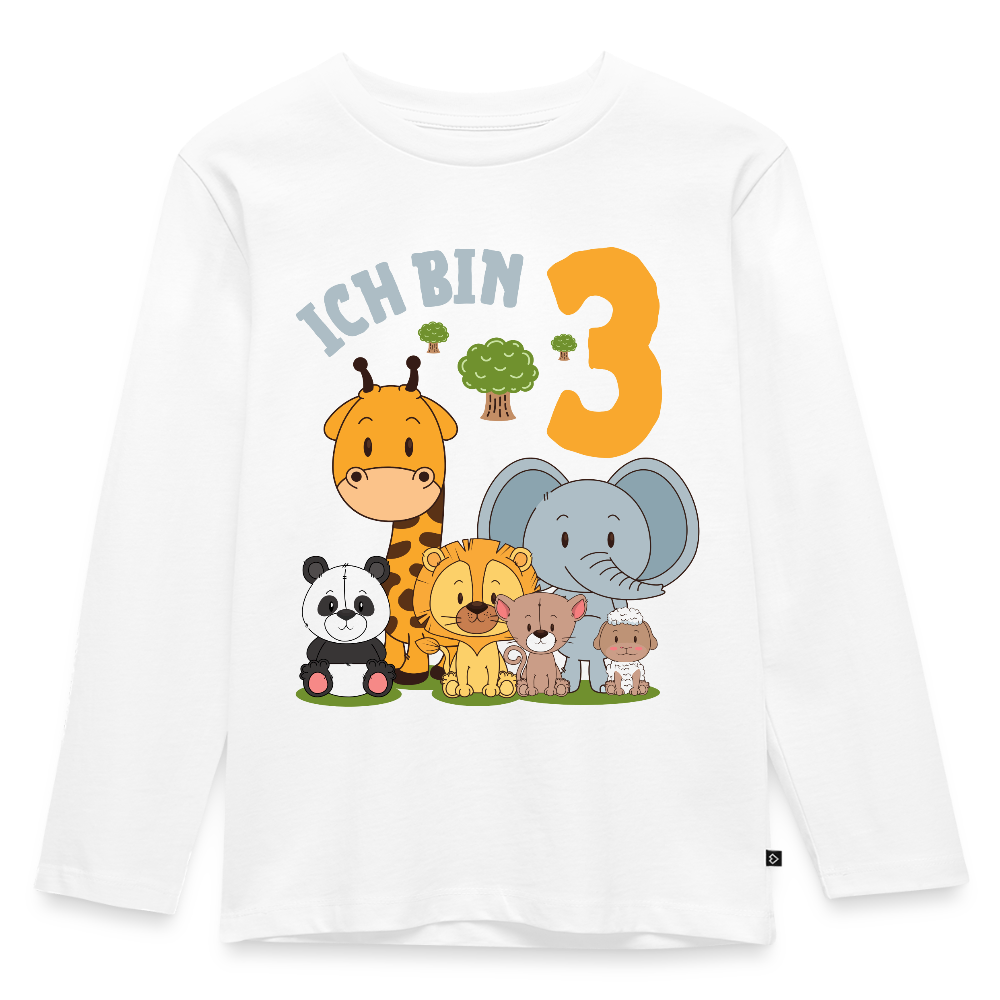 Kinder Langarm T-Shirt "Ich bin 3" (Niedliches Tiermotiv) - Weiß