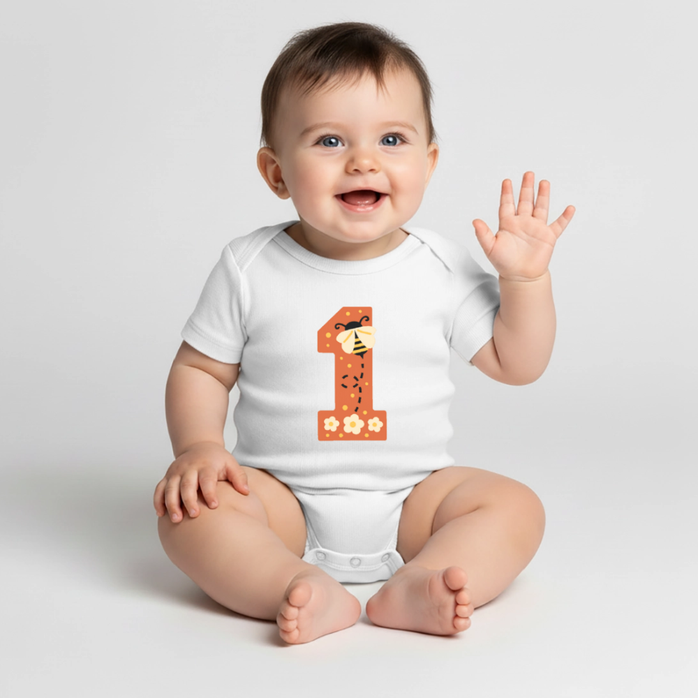 Baby Bio-Kurzarm-Body "1. Geburtstag" (Niedliche Biene) - Weiß