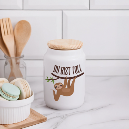 Keksdose mit Holzdeckel "Du bist toll" (Faultier Motiv) - Weiß