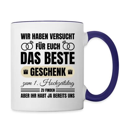 Tasse "Das beste Geschenk zum 1. Hochzeitstag" (von Eltern) - Weiß/Kobaltblau