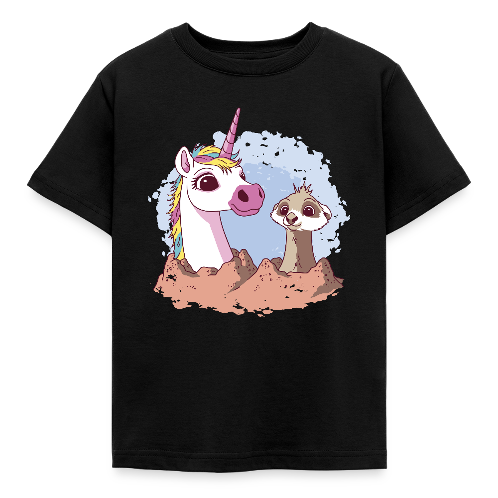 Kinder T-Shirt "Einhorn mit Erdmännchen" - Schwarz