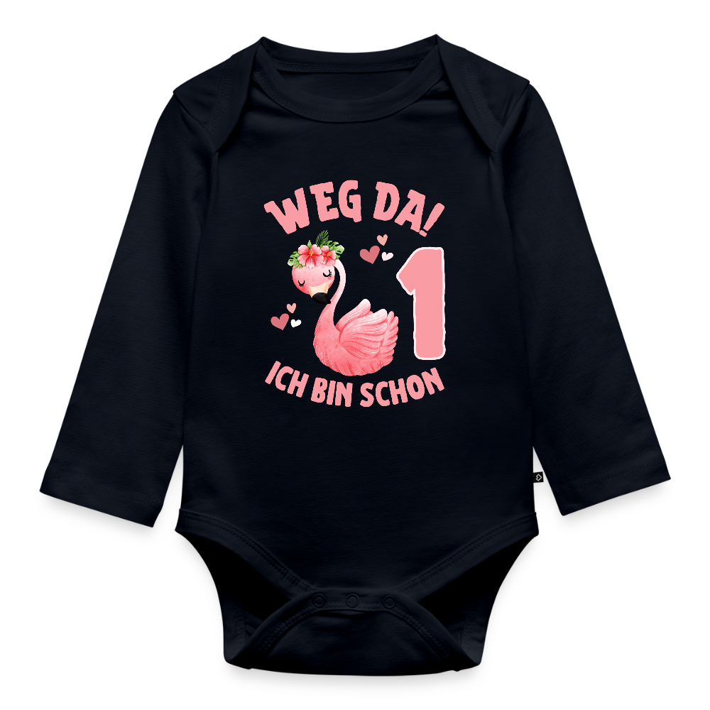 Baby Bio-Langarm-Body "Weg da! Ich bin schon 1" (Flamingo) - Navy
