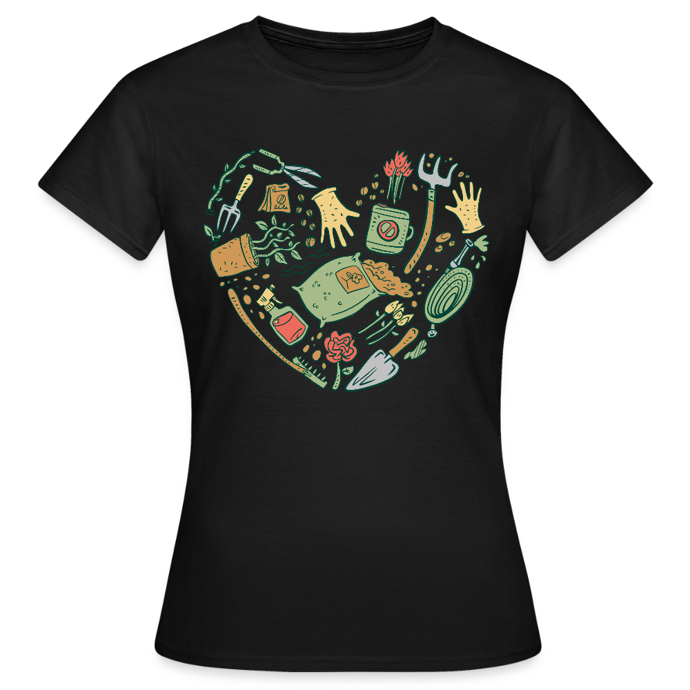 Frauen T-Shirt "Gartenzubehör in Herzform" - Schwarz