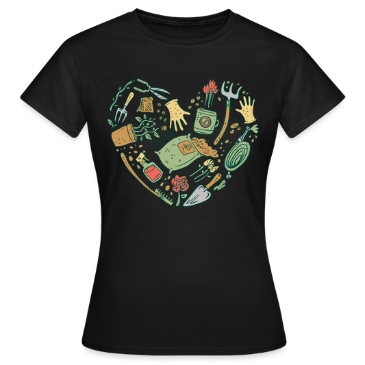 Frauen T-Shirt "Gartenzubehör in Herzform" - Schwarz