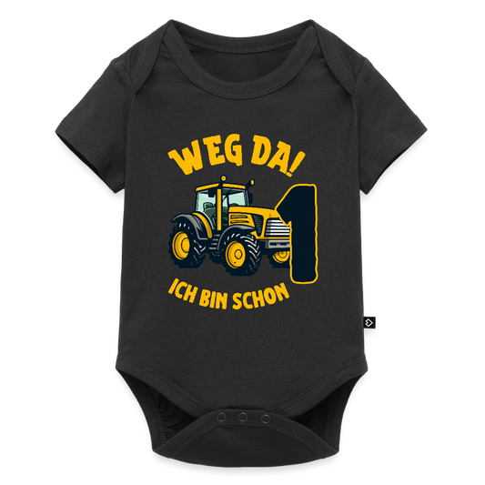 Baby Bio-Kurzarm-Body  "Weg da! Ich bin schon 1" (Traktor) - Schwarz