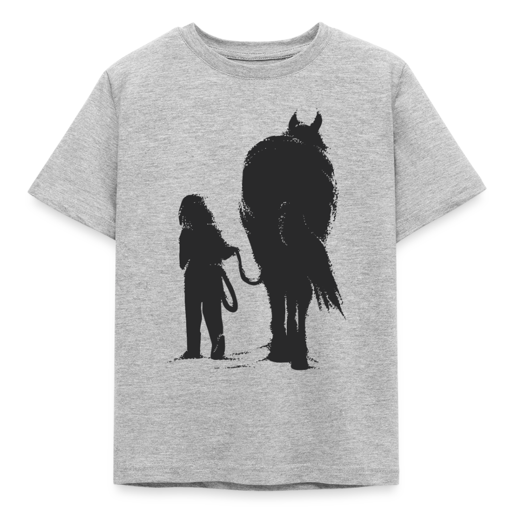 Kinder T-Shirt "Mädchen spaziert mit Pferd" - Grau meliert