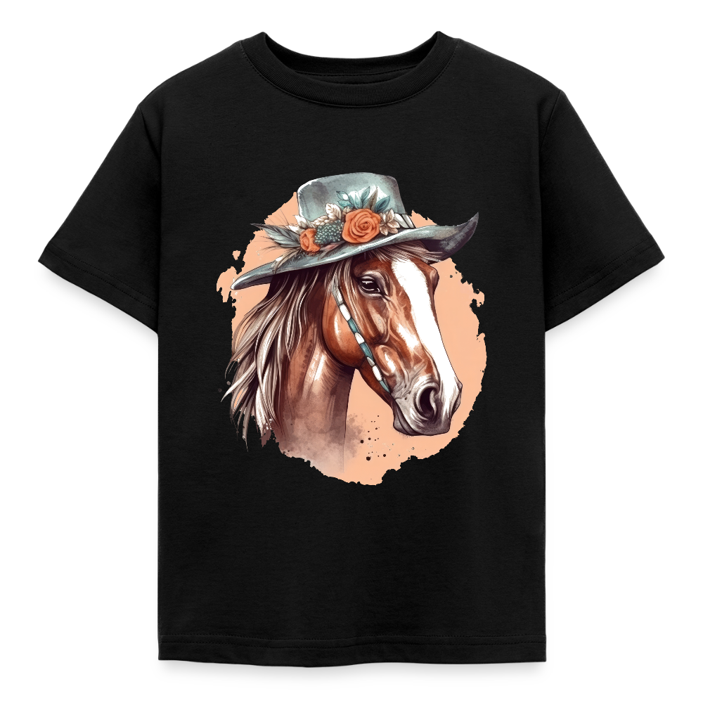 Kinder T-Shirt "Pferd mit wunderschönem Hut" - Schwarz