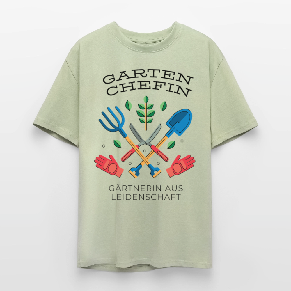 Oversize T-Shirt "Garten Chefin" - Leichtes Salbeigrün 