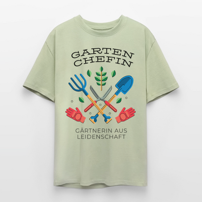 Oversize T-Shirt "Garten Chefin" - Leichtes Salbeigrün 