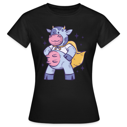 Frauen T-Shirt "Kuh mit Helden-Kostüm" - Schwarz