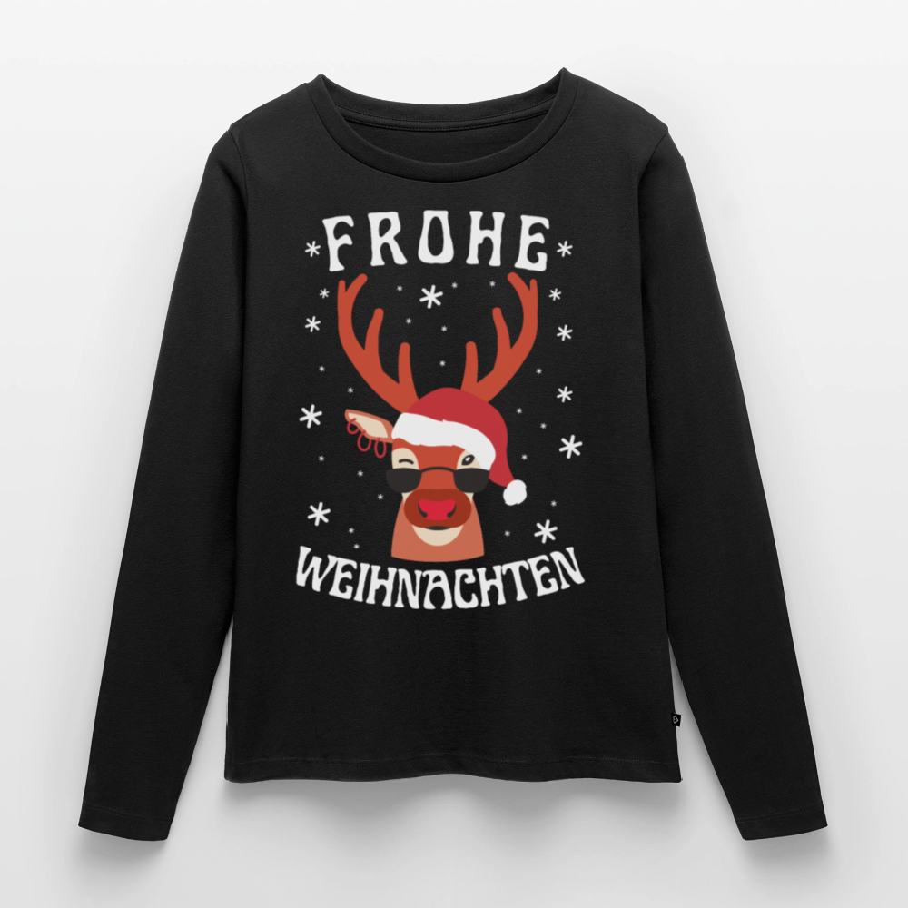 Frauen Bio-Langarmshirt "Frohe Weihnachten" (Rentier-Motiv) - Schwarz