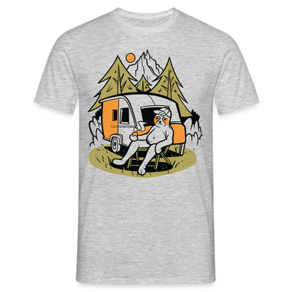 Männer T-Shirt "Faultier beim Camping" - Grau meliert