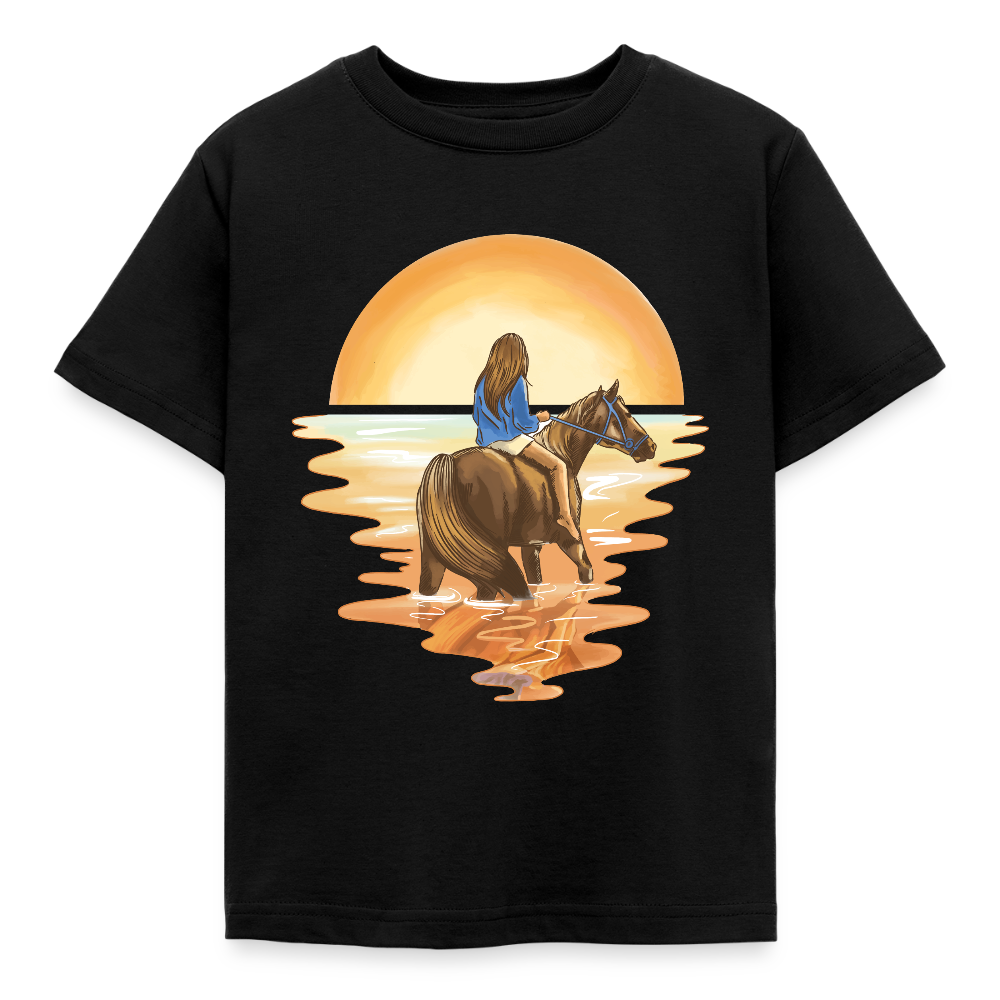 Kinder T-Shirt "Mädchen mit Pferd im Sonnenuntergang" - Schwarz