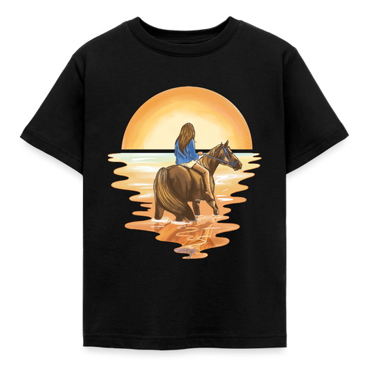 Kinder T-Shirt "Mädchen mit Pferd im Sonnenuntergang" - Schwarz