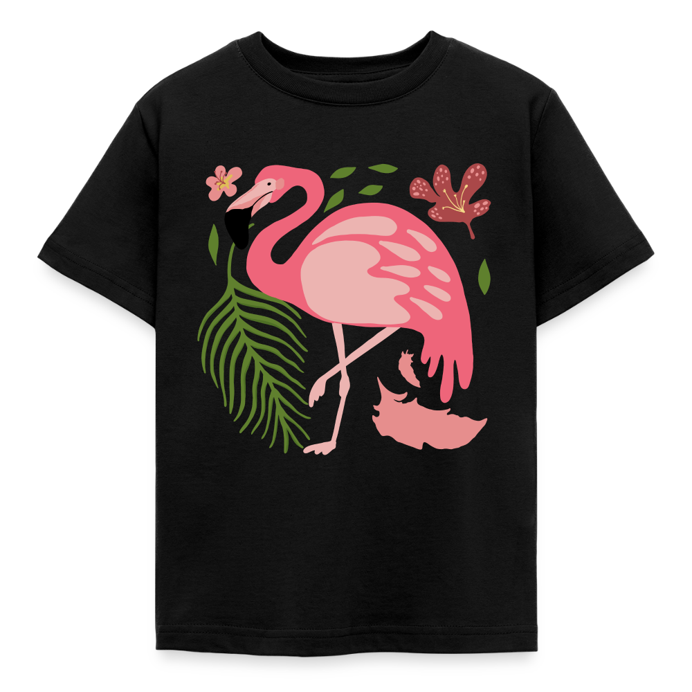 Kinder T-Shirt "Flamingo mit Pflanzen" - Schwarz