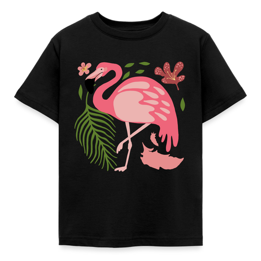 Kinder T-Shirt "Flamingo mit Pflanzen" - Schwarz