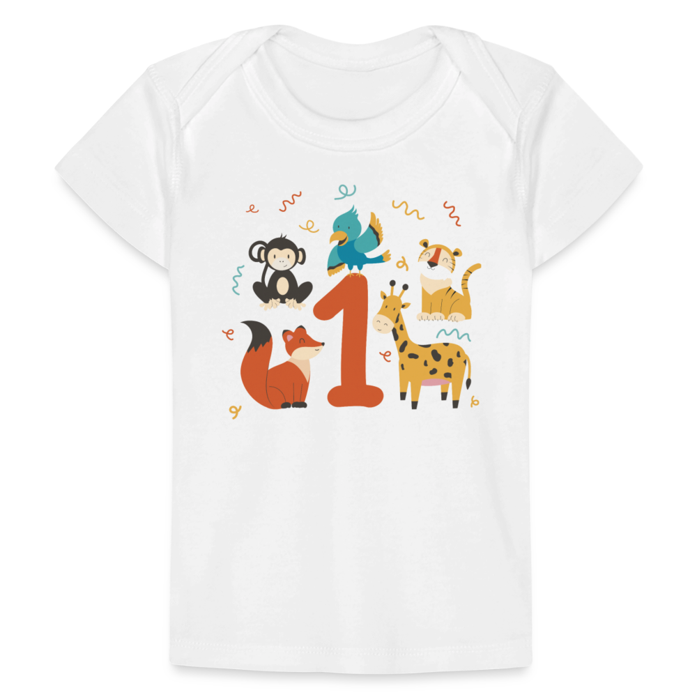 Baby Bio-T-Shirt "1. Geburtstag" (Niedliche Tiere) - Weiß