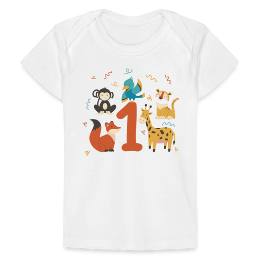 Baby Bio-T-Shirt "1. Geburtstag" (Niedliche Tiere) - Weiß