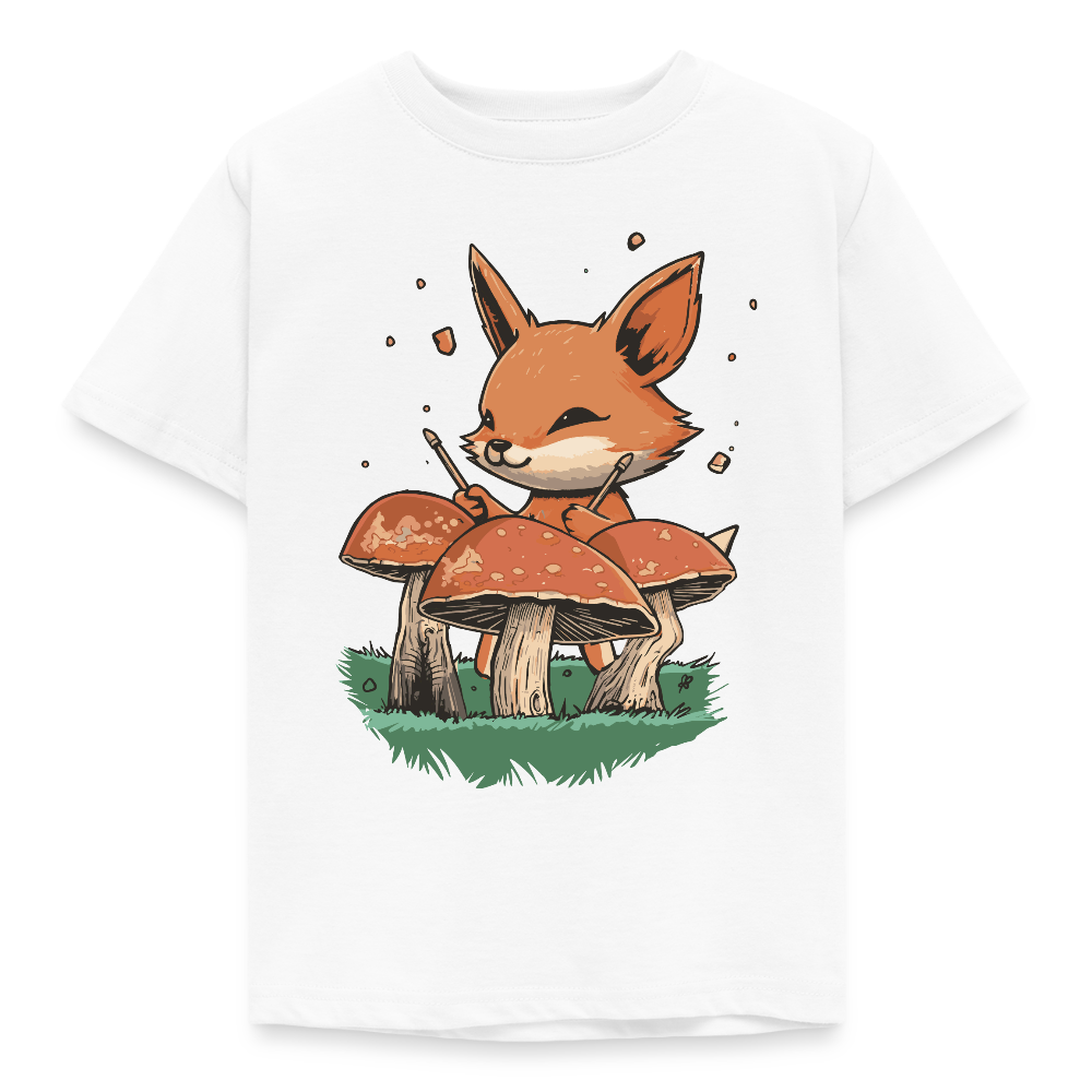 Kinder T-Shirt "Fuchs spielt mit Pilzen" - Weiß