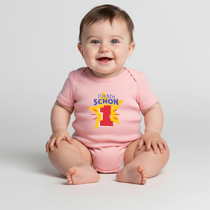 Baby Bio-Kurzarm-Body "Ich bin schon 1" (Sternen-Motiv) - Rosa