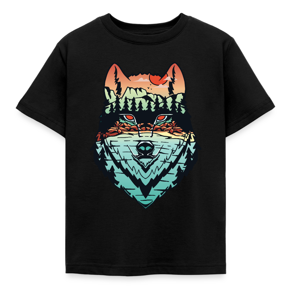 Kinder T-Shirt "Wolf im Waldmotiv" - Schwarz