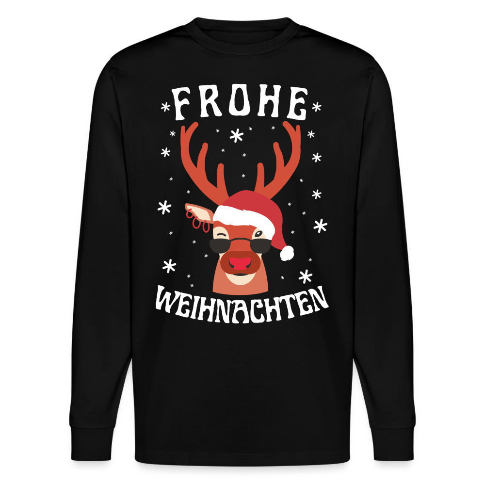 Bio-Langarmshirt "Frohe Weihnachten" (Rentier-Motiv) - Schwarz