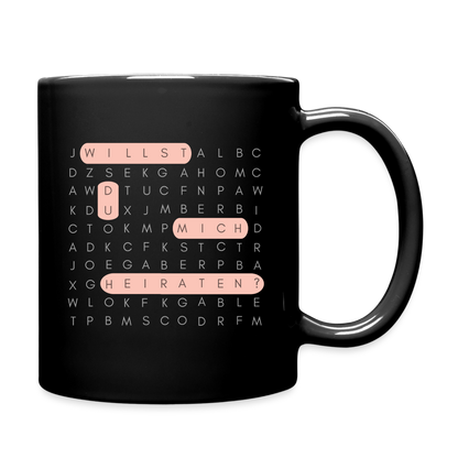 Tasse "Willst du mich heiraten?" (Kreuzworträtsel-Motiv) - Schwarz