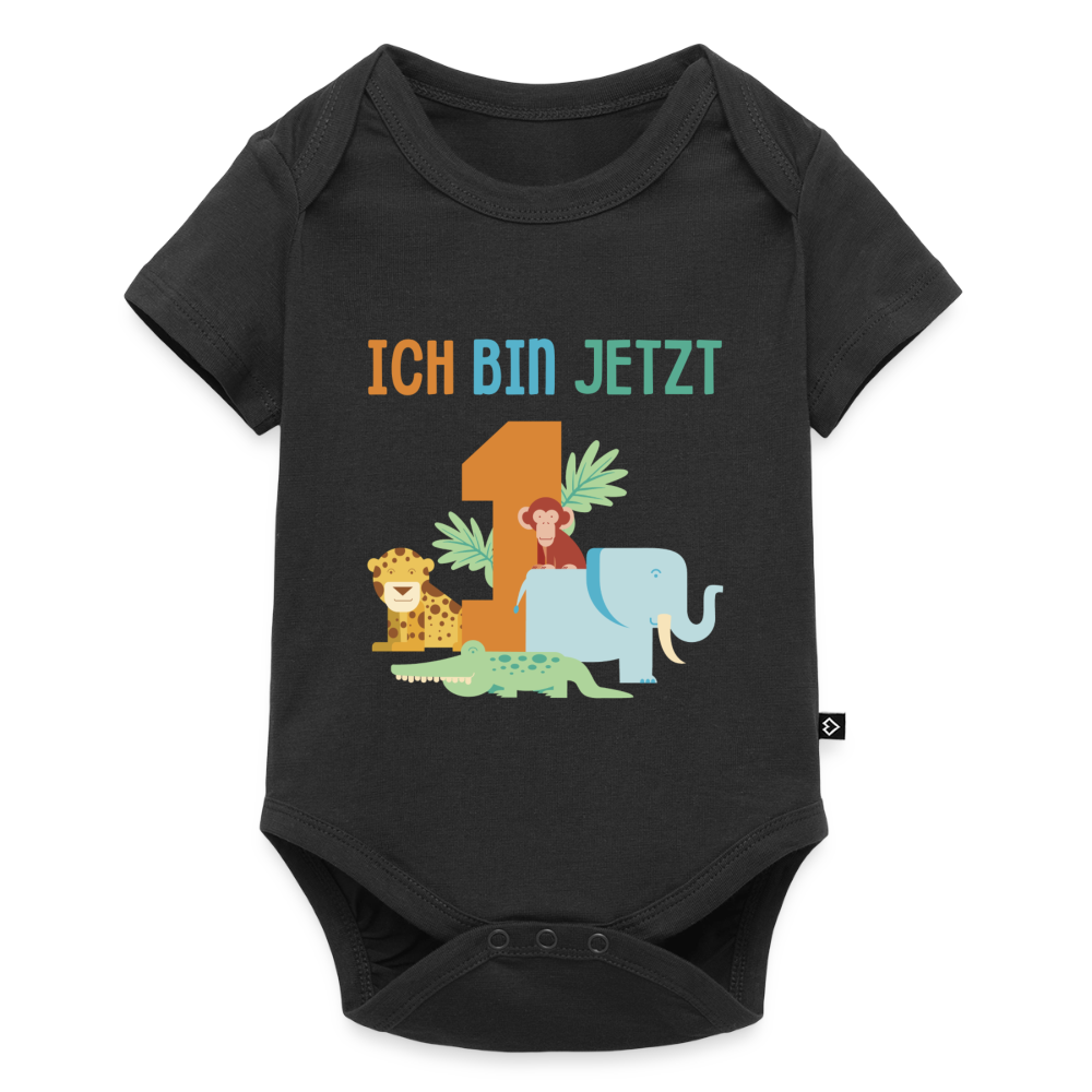Baby Bio-Kurzarm-Body "Ich bin jetzt 1" (Tiermotiv) - Schwarz