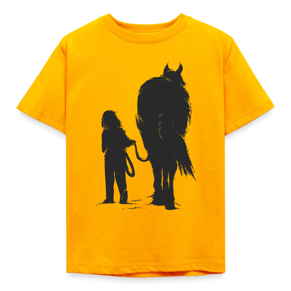 Kinder T-Shirt "Mädchen spaziert mit Pferd" - Gold