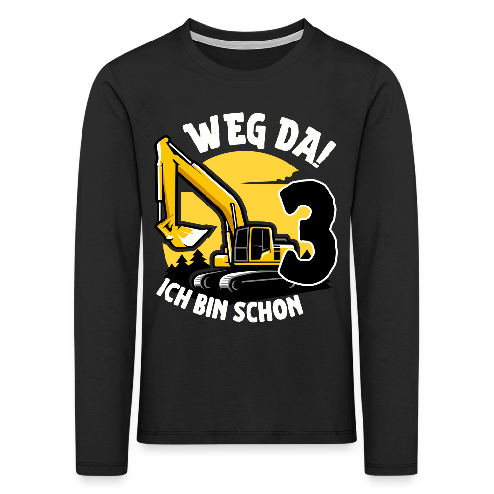 Kinder Langarm-T-Shirt "Weg da! Ich bin schon 3" (Bagger-Motiv) - Schwarz