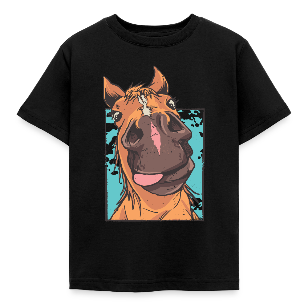 Kinder T-Shirt "Lustiger Pferdekopf" - Schwarz