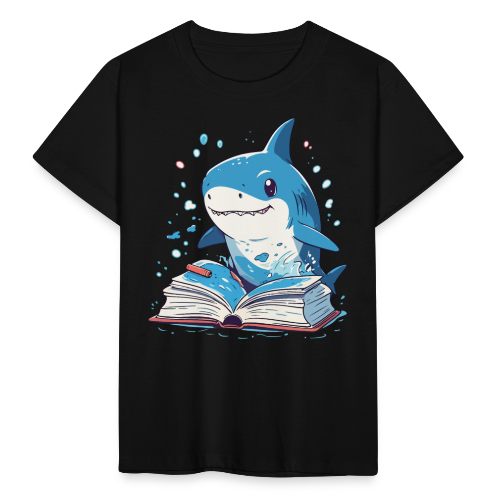 Kinder T-Shirt "Hai liest Buch" - Schwarz